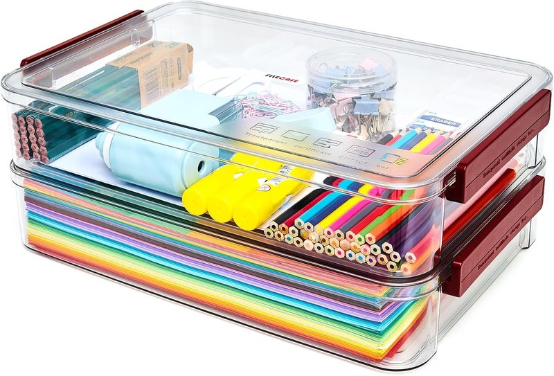 CATOOMUU 5.5qt Portable Project Case 9 X 13 Clear Stackable Plastic Storage With Lids Organizer Containers File Box For Letter A4 Paper Photo Documents Scrapbook Craft Art School Supplies, 2 Pcs - Image 1